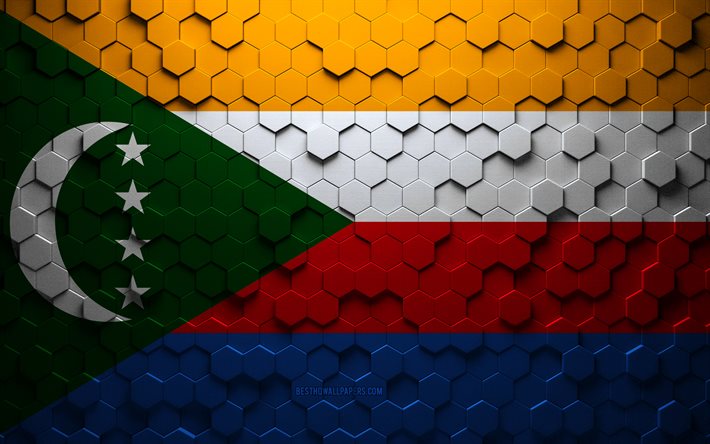 Bandiera delle Comore, arte a nido d&#39;ape, bandiera esagonale delle Comore, Comore, arte esagonale 3d, bandiera delle Comore
