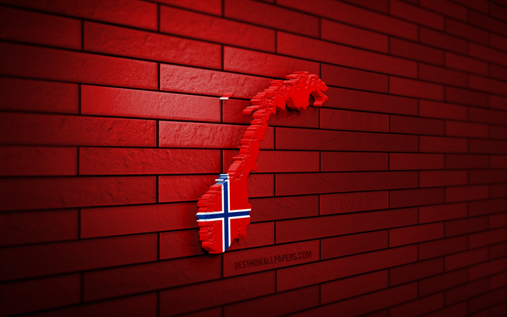 ノルウェーの地図, 4k, 赤レンガの壁, 欧州諸国, ノルウェーの地図のシルエット, ノルウェーの旗, ヨーロッパ, ノルウェー, ノルウェーの3dマップ