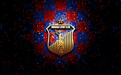 monagas fc, parıltılı logo, uefa şampiyonlar ligi, kırmızı, mavi damalı arka plan, futbol, ​​venezuela futbol kul&#252;b&#252;, monagas sc logo, mozaik sanatı, venezuela primera division, monagas sc