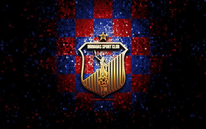 monagas fc, parıltılı logo, uefa şampiyonlar ligi, kırmızı, mavi damalı arka plan, futbol, ​​venezuela futbol kul&#252;b&#252;, monagas sc logo, mozaik sanatı, venezuela primera division, monagas sc