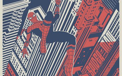spider-man, stampa artistica, supereroe, paesaggio urbano, personaggio di spider-man