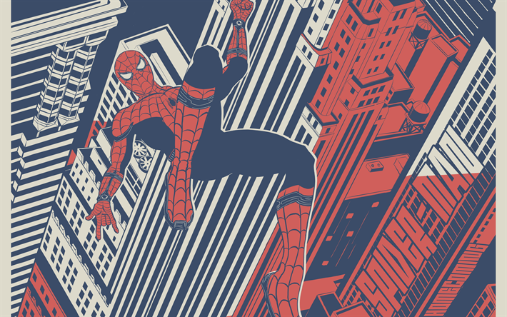 spider-man, print art, supersankari, h&#228;m&#228;h&#228;kkimies, kaupunkikuva, spider-man-hahmo