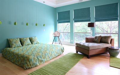design elegante della camera da letto, interni dal design moderno, pareti azzurre nella camera da letto, idea della camera da letto