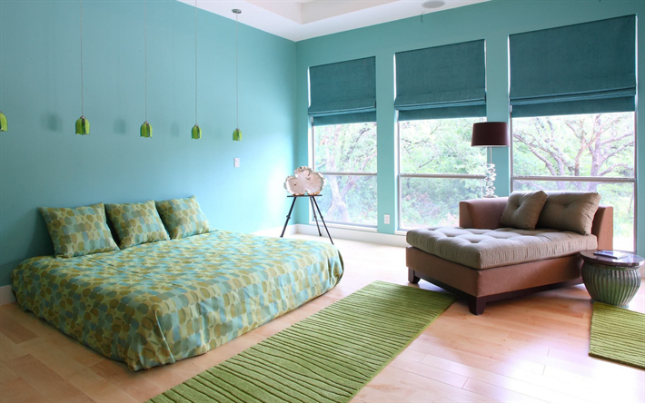 スタイリッシュなベッドルームのデザイン, モダンなインテリアデザイン, 寝室の水色の壁, 寝室のアイデア