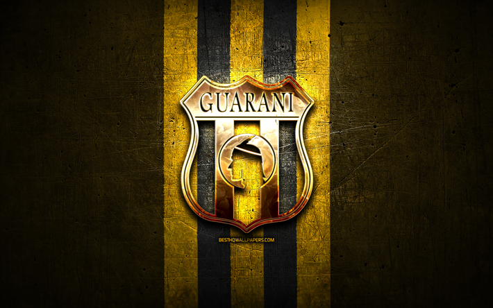 Guarani FC, golden logo, Paraguayan Primera Division, yellow metal background, football, Venezuelan football club, Club Guarani logo, soccer, Venezuelan Primera Division, Club Guarani