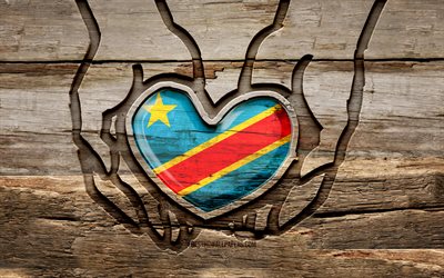 コンゴ民主共和国が大好きです, 4k, 木彫りの手, コンゴ民主共和国の日, コンゴ民主共和国の旗, 木彫り, アフリカ諸国, コンゴ民主共和国
