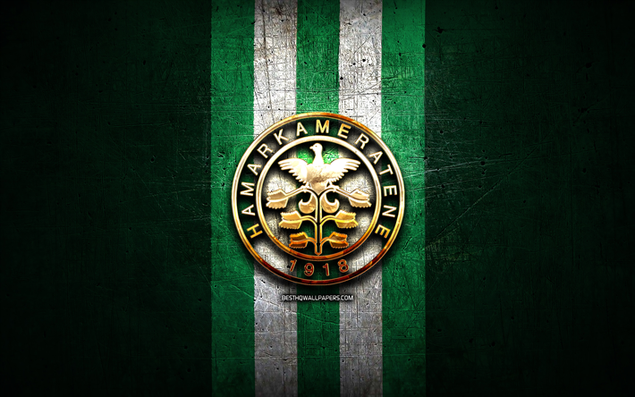 hamarkameratene fc, kultainen logo, eliteserien, vihre&#228; metalli tausta, jalkapallo, norjalainen jalkapalloseura, hamarkameratene fc logo, hamarkameratene jalkapallo