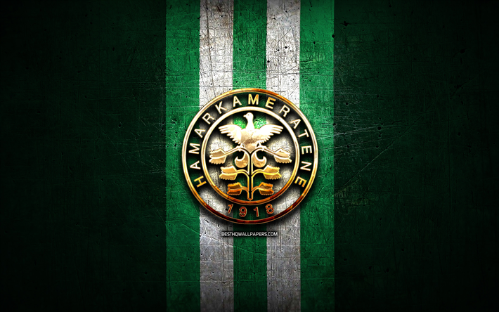 Hamarkameratene FC, golden logo, Eliteserien, green metal background, football, norwegian football club, Hamarkameratene FC logo, soccer, Hamarkameratene Fotball