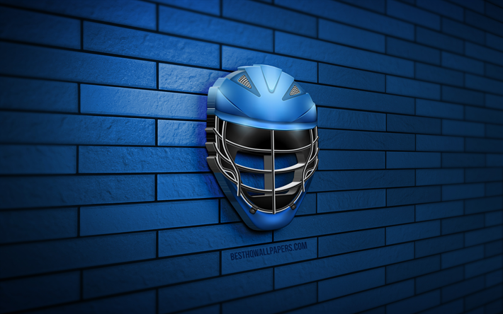 hockeyhelm 3d-symbol, 4k, blaue brickwall, kreativ, 3d-symbole, hockeyhelm-symbol, sportsymbole, 3d-kunst, hockeyhelm