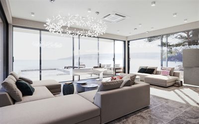 design de interiores moderno, sala de estar, sofá grande bege, piso de mármore cinza, design de interiores elegante, ideia de sala de estar