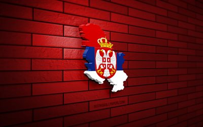 carte de la serbie, 4k, mur de brique rouge, les pays europ&#233;ens, la silhouette de la carte de la serbie, le drapeau de la serbie, l europe, la carte serbe, le drapeau serbe, la serbie, la carte 3d serbe