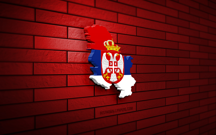 sırbistan haritası, 4k, kırmızı brickwall, avrupa &#252;lkeleri, sırbistan harita silueti, sırbistan bayrağı, avrupa, sırp haritası, sırp bayrağı, sırbistan, sırp 3d haritası