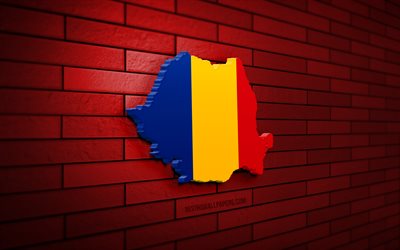 ルーマニアの地図, 4k, 赤レンガの壁, 欧州諸国, ルーマニアの地図のシルエット, ルーマニアの旗, ヨーロッパ, ルーマニア, ルーマニアの3dマップ