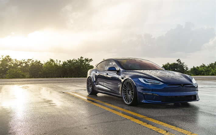 2022, Tesla Model S, 4k, front view, exterior, electric cars, blue Model S, american cars, Tesla