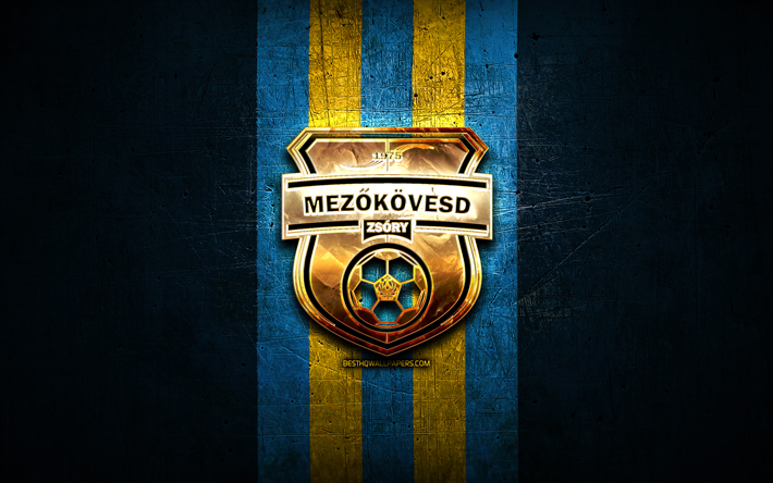 Mezokovesd Zsory FC, golden logo, OTP Bank Liga, blue metal background, football, hungarian football club, Mezokovesd Zsory logo, Hungary, Mezokovesdi SE