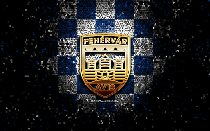 Fehervar AV19, glitter logo, ICE Hockey League, blue white checkered background, hockey, austrian hockey team, Fehervar AV19 logo, mosaic art