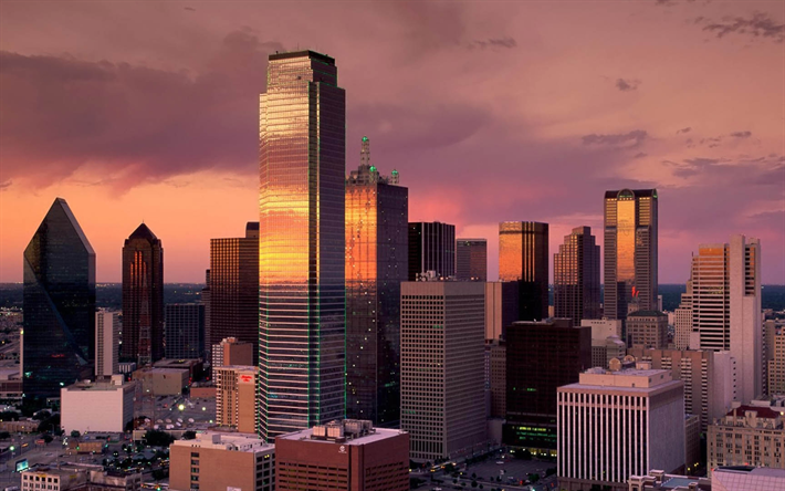 Dallas, 4k, sunset, Fort Worth, skyline cityscapes, modern buildings, downtown, USA, America, american cities