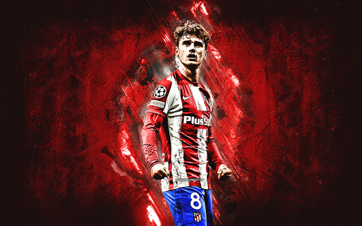 Antoine Griezmann, Atletico Madrid, French football player, red stone background, football, La Liga, Griezmann portrait, Griezmann Atletico Madrid