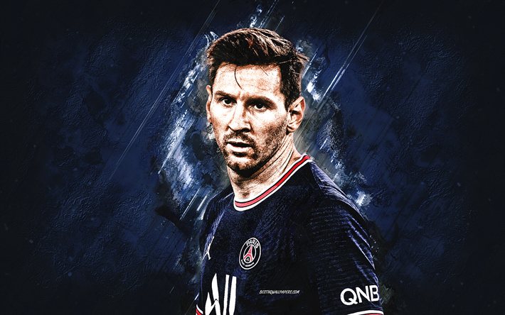 Lionel Messi, PSG, Argentine footballer, Paris Saint-Germain, Messi PSG, Messi portrait, blue stone background, football