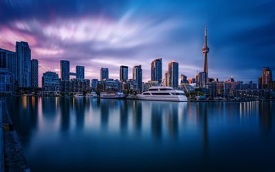La Torre CN de Toronto, Inner Harbour, Canad&#225;, puesta de sol, bah&#237;a, yates