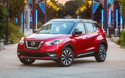 Nissan Kicks, 2018, 4k, exterior, red compact crossover, front view, new red Kicks, Japanese cars, Nissan