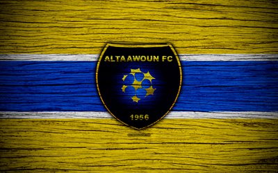 4k, Al-Taawoun FC, logo, Saudi Professional League, soccer, wooden texture, Buraidah, Saudi Arabia, Al-Taawoun, football, FC Al-Taawoun