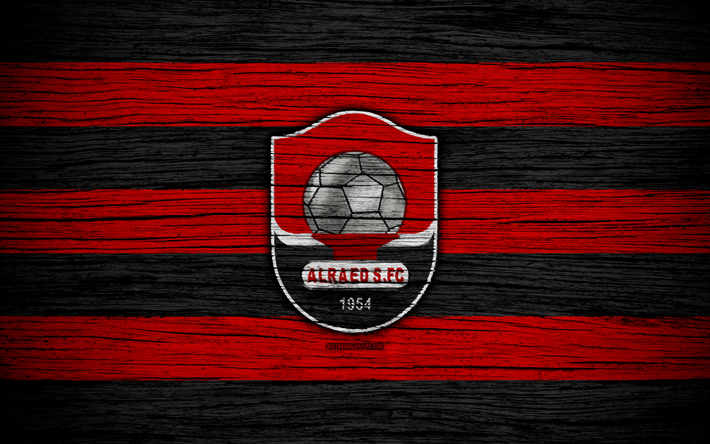 4k, Al-Raed FC, logo, Saudi Professional League, soccer, wooden texture, Abdulaziz Al-Obodi, Saudi Arabia, Al-Raed, football, FC Al-Raed