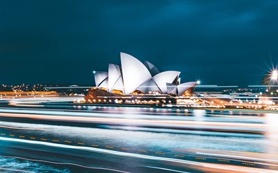 Sydney Opera House, noturnas, cais, Sydney, Austr&#225;lia