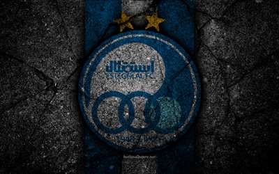FC Esteghlal, 4k, emblem, Persian Gulf Pro League, soccer, Iran, Esteghlal, black stone, football, logo, asphalt texture, EsteghlalFC, Iranian football club