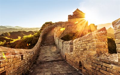 4k, la Grande Muraille de Chine, le soleil brillant, les chinois, les monuments, les montagnes, en Asie, en Chine