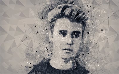 Justin Bieber, Cantora canadense, 4k, a arte do retrato, arte geométrica, rosto, Estrela americana, Justin Drew Bieber