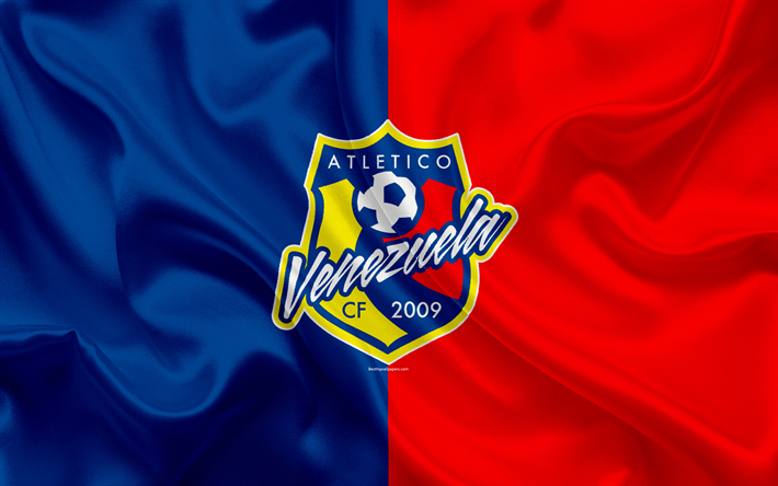 Atletico Venezuela CF, 4k, Venezuelan football club, logo, silk texture, blue red flag, Venezuelan Primera Division, football, Caracas, Venezuela