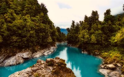 New Zealand, mountain river, forest, cliffs, Oceania, blue river