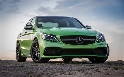 Mercedes-Benz C63 AMG, 2018, Green C63, exterior, front view, green sedan, German cars, Mercedes