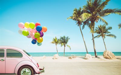 summer travel, tropical island, pink retro car, seascape, bunch of colorful baloons, summer, palms, ocean