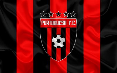 Portuguesa FC, 4k, Venezuelan football club, logo, silk texture, red black flag, Venezuelan Primera Division, football, Acarigua, Venezuela