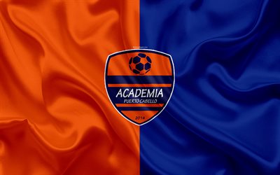 Academia Puerto Cabello FC, 4k, Venezuelan football club, logo, silk texture, orange-blue flag, Venezuelan Primera Division, football, Puerto Cabello, Carabobo, Venezuela