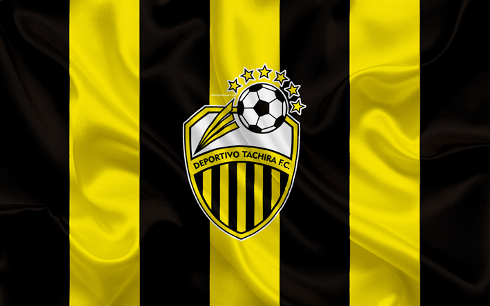Deportivo Tachira FC, 4k, Venezuelan football club, logo, silk texture, black and yellow flag, Venezuelan Primera Division, football, San Cristobal, Venezuela