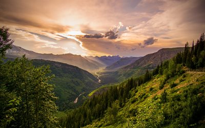 Montana, 4k, mountains, ravine, valley, river, forest, USA, America