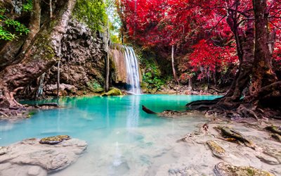 waterfall, rainforest, red trees, Thailand, blue lake, red leaves