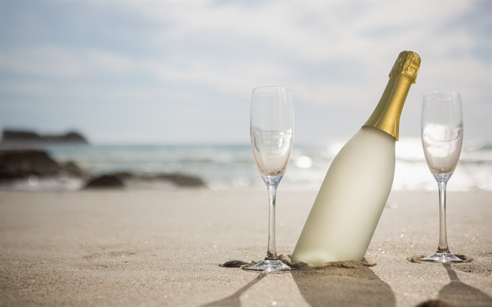 bottle of champagne, beach, glasses, sunset, romance, summer travel, sand