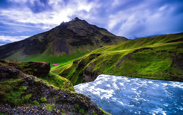 Island, vattenfall, sommar, berg, river, Europa