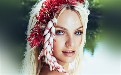 Candice Swanepoel, 4k, portrait, face, South African supermodel, photo shoot, flower wreath, Victorias Secret, fashion model