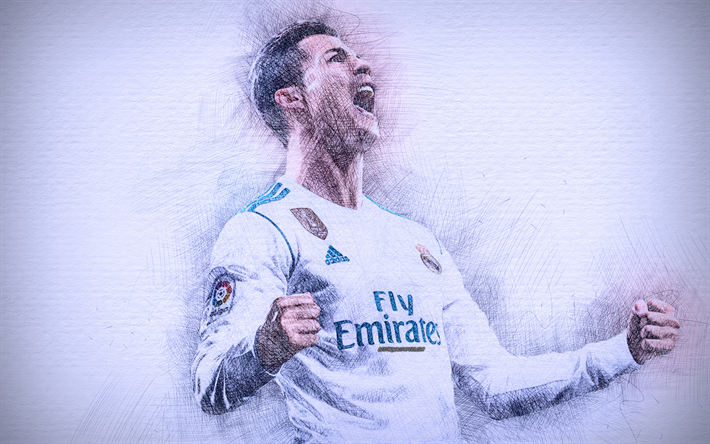 Cristiano Ronaldo, 4k, artwork, football stars, Real Madrid, CR7, soccer, La Liga, Ronaldo, footballers, drawing Ronaldo, FC Real Madrid