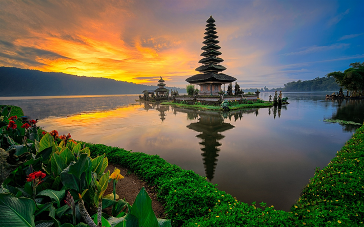 بورا Ulun Ubud Danu Bratan معبد, معبد هندوسي, غروب الشمس, بحيرة, بالي, Danau Beratan, Candikuning, Baturiti, تابانان ريجنسي, إندونيسيا