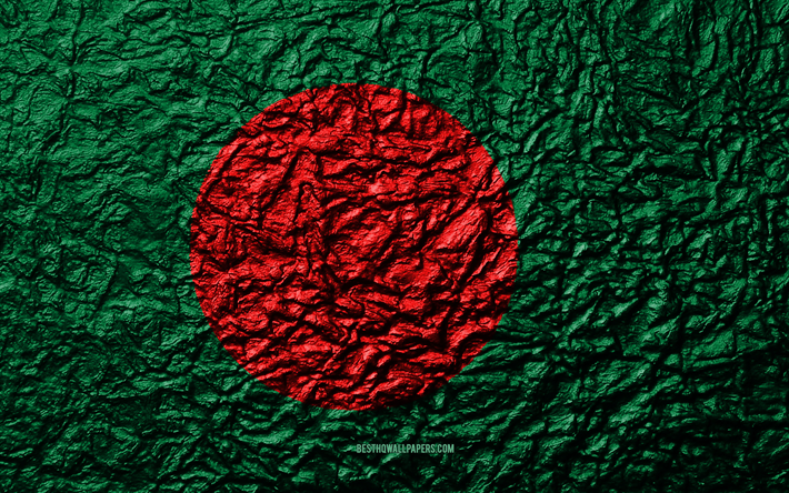 フラグのバングラデシュ, 4k, 石質感, 波質感, バングラデシュのフラグ, 国立シンボル, バングラデシュ, アジア, 石背景