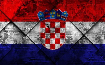 Flagga av Kroatien, 4k, grunge konst, rhombus grunge textur, Kroatiska flaggan, Europa, nationella symboler, Kroatien, kreativ konst