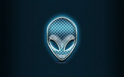 Alienware vidrio logotipo, fondo azul, ilustración, Alienware, marcas, Alienware rómbico logotipo, creativo, logotipo de Alienware