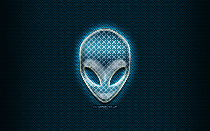 Alienware glass logo, blue background, artwork, Alienware, brands, Alienware rhombic logo, creative, Alienware logo