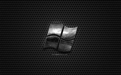 Windows logo, steel polished logo, emblem, old Windows logo, metal grid texture, black metal background, Windows